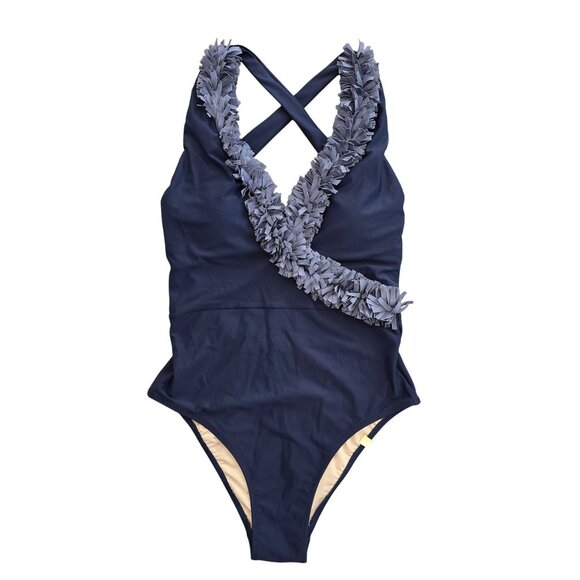 Summersalt confetti deep dive Women Criss-Cross Ruffle Swimsuit Navy Blue Sz 4 - Picture 1 of 5